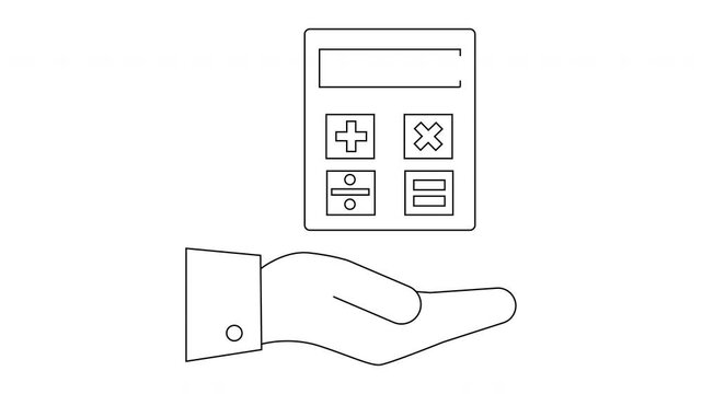 Calculator floats above open hand monochrome graphic