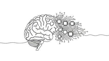 Intricate line drawing showing the merge of human brain anatomy and computer chip circuitry
