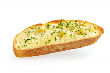 Delicious crispy golden garlic bread slice baked baguette with fresh green on transparent background