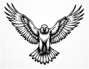Obraz premium Black hawk bird line art drawing isolated on white background. Eagle with open wings illustration as tattoo design company logo. Powerful falcon symbol of freedom, strength. Graphic of wild animal in