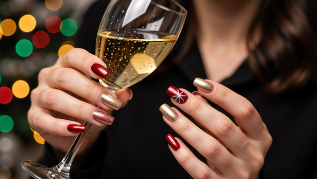 Woman demonstrating new year festive nails holding sparkling champagne. Elegant manicure features gold and red polish, one nail adorned with intricate snowflake design.