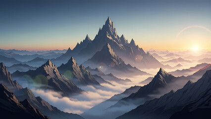 Beautiful landscape of a vast mountain range with warm sun rays breaking through the hazy atmosphere over a deep valley.