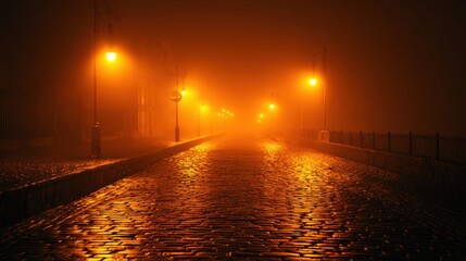 Mysterious foggy street illuminated by warm streetlights at night creating cinematic atmosphere urban loneliness mood and dramatic city scene on white background