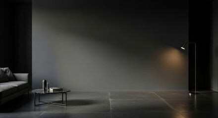 Monochrome interior design with a spotlight, couch and decorative table, evokes tranquility