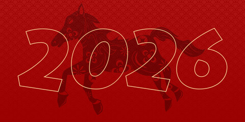 Happy Chinese new year 2026 , modern design set in red, gold and white colors , Year of the horse zodiac , Asia oriental traditional ornament, frame and border ,