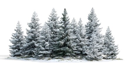 A group of snow-covered evergreen trees stands together in a winter landscape.