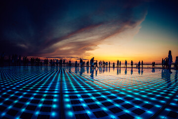 View of vibrant blue lights illuminate a reflective surface beneath a gathering of silhouetted figures against a fiery sunset sky, Zadar, Zadar County, Croatia.