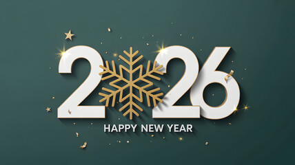 New Year 2026 Minimalist Greeting Card with Golden Snowflake, Luxury Typography on Dark Green Background