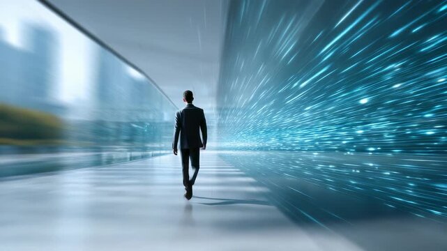 A man in a suit strides forward in a sleek, high tech hallway illuminated by dynamic blue light trails. The image evokes progress, digital transformation, and the future of corporate leadership