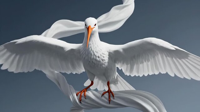 A graceful, white, fluffy seagull with a blue eye and a brightly colored beak, depicted against a light background. A tranquil waterfowl with beautiful plumage. Cloud Dancer Color of the Year 2026