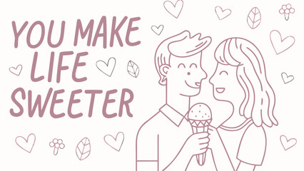 A smiling couple sharing a sweet moment with ice cream on a white background with hearts and leaves