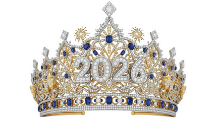 Ornate crown with diamonds and sapphires featuring the year 2026 isolated on transparent background