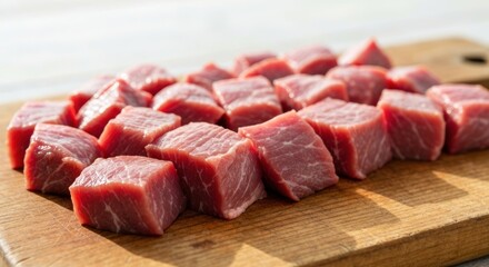 Raw, cubed meat arranged on a wooden cutting board, bright lighting