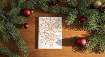 Christmas card with golden snowflake surrounded by decor on wood