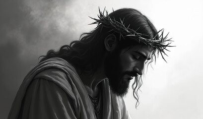 Jesus Christ wears crown of thorns, head bowed in sorrow. Illustration shows his suffering, sacrifice, powerful religious symbol. This art piece conveys deep faith, spirituality for diverse beliefs.