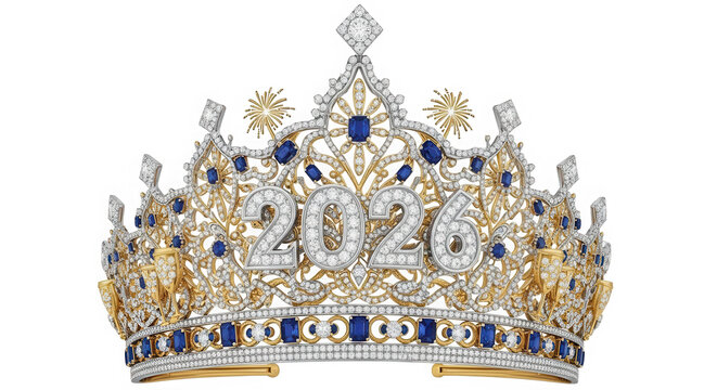 Ornate crown with diamonds and sapphires featuring the year 2026 isolated on transparent background