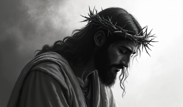 Jesus Christ wears crown of thorns, head bowed in sorrow. Illustration shows his suffering, sacrifice, powerful religious symbol. This art piece conveys deep faith, spirituality for diverse beliefs.
