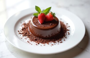 Smooth dark chocolate panna cotta dessert served on white plate. Fresh red strawberries, bright green mint leaves garnish sweet treat. Rich chocolate crumbs scattered artfully around pudding.