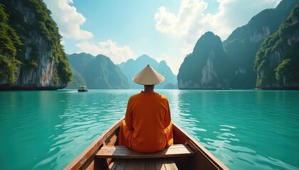 Buddhist monk in orange robe sits on wooden boat. Man wears traditional asian conical hat. Turquoise water, limestone cliffs, mountains. Serene natural landscape. Peaceful atmosphere.