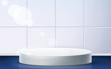 White podium on shiny table against ceramic tile backdrop for product display. Bathroom interior. Exhibition platform stage. Cosmetic stand. Kitchen cylinder showcase. Vector background