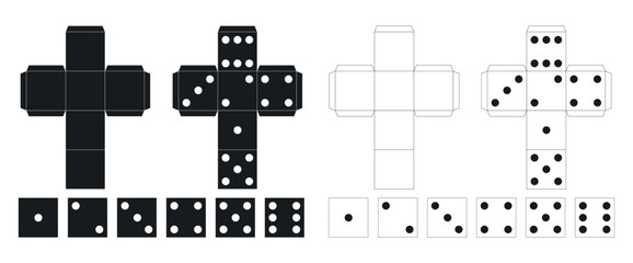 White and black template for making dice out of paper or cardboard. Board game. Cut and fold DIY. Gamble bet. Origami assemblage. Craps with dots. Vector cube assembling printable scheme © VectorBum