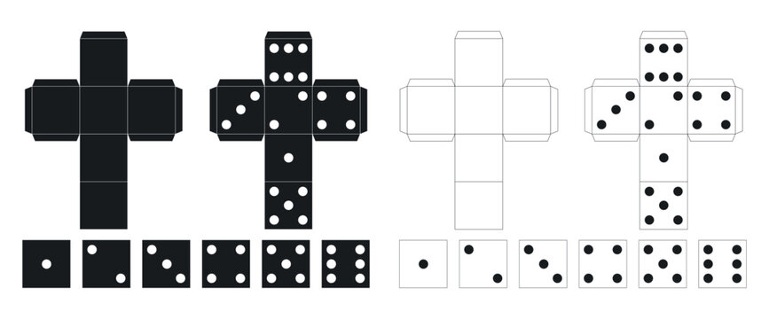 White and black template for making dice out of paper or cardboard. Board game. Cut and fold DIY. Gamble bet. Origami assemblage. Craps with dots. Vector cube assembling printable scheme