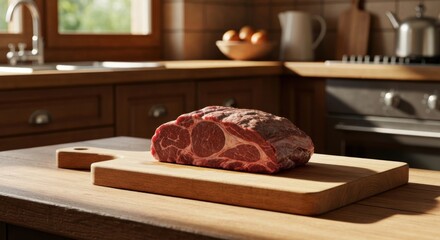 A raw, meaty cut sits on a wooden board in a warm kitchen
