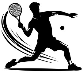 A high-energy silhouette of a tennis player in mid-swing, capturing motion lines and focus on the ball. Ideal for sports, fitness, and athletic branding, conveying speed, skill