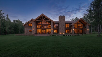 Obraz premium Scenic luxury log house at night, peaceful retreat and high-end holiday accommodation