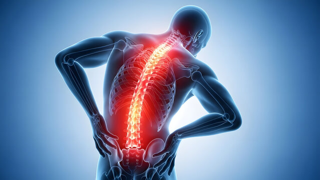 Digital illustration of a human figure experiencing back pain, emphasizing spine discomfort and injury