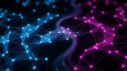 Vibrant network connections linking blue and pink nodes in dynamic pattern
