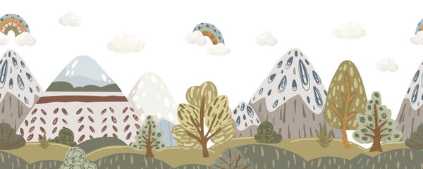 Mountain landscape seamless border, hand-drawn vector horizontal divider with trees, hills, and rainbows in neutral, muted colors for nursery wallpaper and banners.