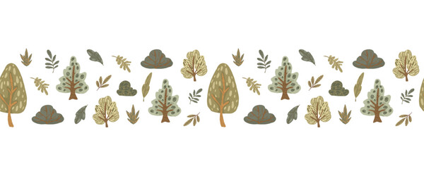 Abstract forest seamless border, hand-drawn vector horizontal divider with stylized trees, bushes, and leaves in earthy colors for packaging and nature themes.