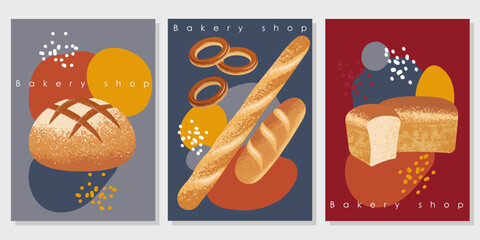 abstract posters, postcards, templates with bread products in the assortment and the bakery store sign. bright color spots and flat drawn bread with texture create an abstract background. stock vector