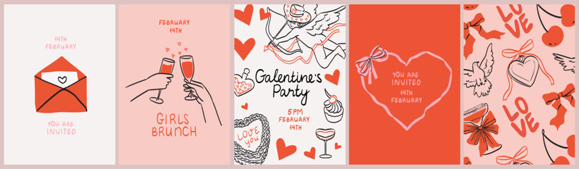 Happy Valentines or Galentines Day invitation cards in trendy whimsical hand drawn style with cupid, love letter,cherry and hands with wine. Template for ads, branding, banner, cover, label, poster.