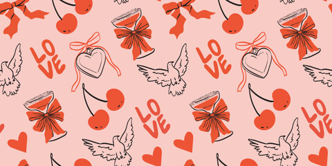 Happy Valentines or Galentines Day trendy whimsical hand drawn style with heart locket, cherry, love lettering and dove background. Seamless texture for ads, branding, banner, cover, label, poster.
