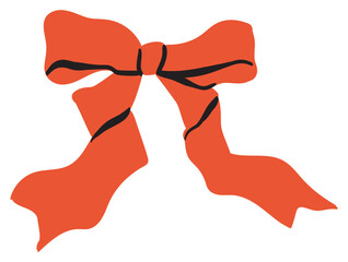 Isolated red color bow knot with ribbons. Trendy hair braiding or gift decor accessory. Cute vector illustration for party wrapping paper, ads, poster,placard, greeting card or banner decoration.