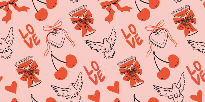 Happy Valentines or Galentines Day trendy whimsical hand drawn style with heart locket, cherry, love lettering and dove background. Seamless texture for ads, branding, banner, cover, label, poster.