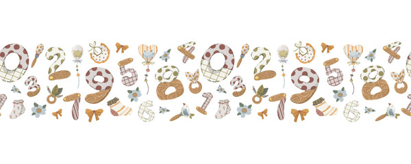 Numbers and toys seamless border, hand-drawn vector horizontal divider with stylized digits and rattles for birthday banners and educational kids&rsquo; design.