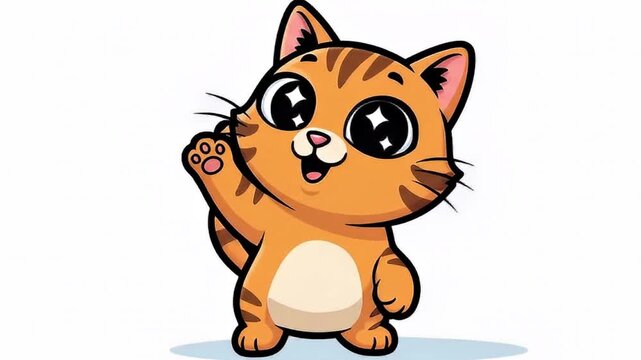 A charming and vibrantly colored cartoon kitten is depicted standing upright, gazing forward with large, sparkling black eyes that convey innocence and wonder. This adorable orange feline features dis
