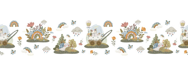 Baby carriage landscape seamless border, hand-drawn vector horizontal divider with stroller, flowers, and snail in boho style for nursery banners and decor.