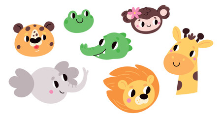 Cute funny faces of cartoon animals. Lion and giraffe. Joyful monkey. Smiling adorable crocodile. Tiger and elephant isolated heads. Zoo characters fun. Happy mammal muzzles vector set