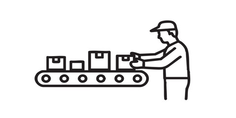 Man working at conveyor with boxes thin line icon, manufacturing concept, factory worker packaging sign on white background, outline style for mobile web design. Vector graphics