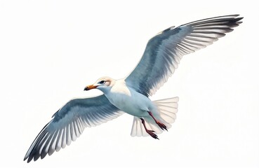 Fototapeta premium Watercolor illustration of seagull in flight. Bird soars against white sky. Gentle brushstrokes accent feathers. Artistic image suits design elements, prints, posters. Represents freedom, nature,