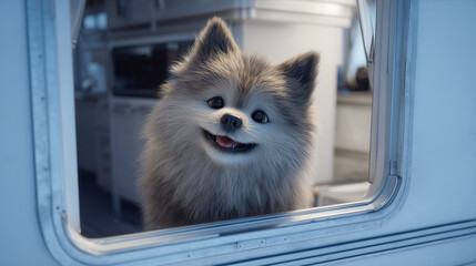 Cute fluffy pomeranian dog smiling through camper van window during travel