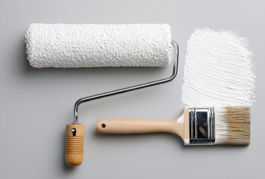 Paint roller with white textured paint and paintbrush on light neutral background