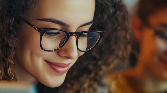 A woman in glasses is deeply focused on her computer screen, indicating concentration and intellectual pursuit. This represents the modern workspace, where technology plays a significant role.
