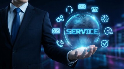 Businessman presenting global service concept with innovative technology