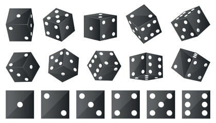 Black casino dice on white background. Gamble and risky board games. Bone throwing for bets. 3D cubes top and side view. Craps and poker. Different angles positions. Gambling vector set