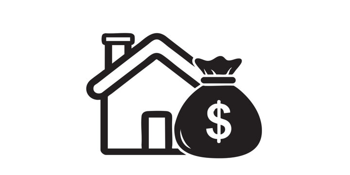 House with chimney, money bag thin line icon, work from home concept, remote income vector sign on white background, outline style icon mobile concept web design. Vector graphic